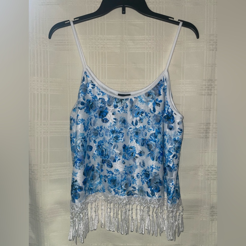 Blue and White Lace Floral Tank with Fringe